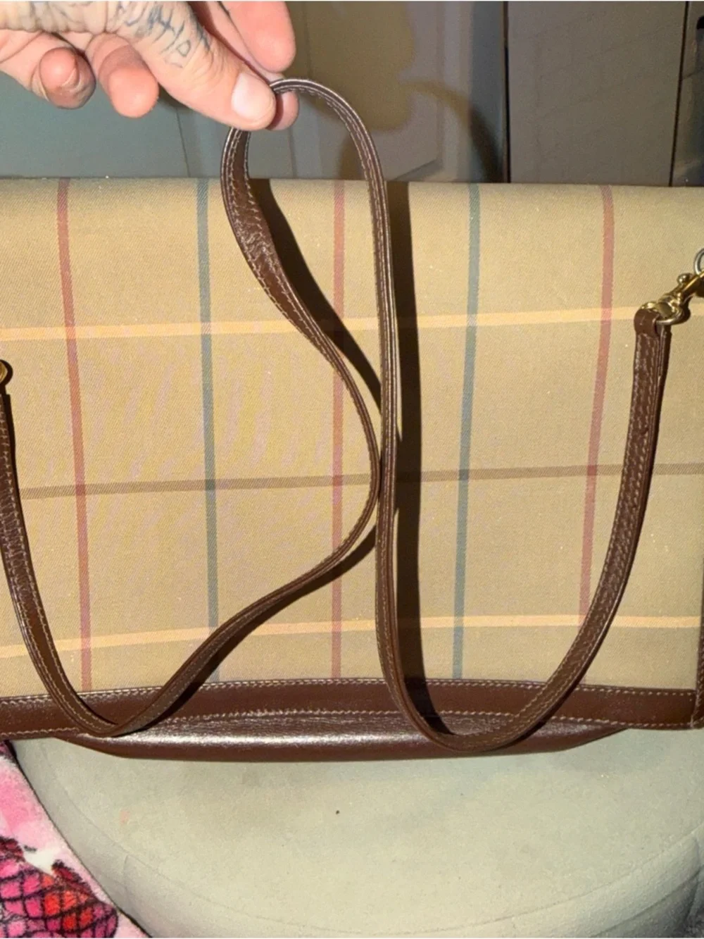 Burberry Tan Plaid Canvas and Brown Leather Messenger Bag